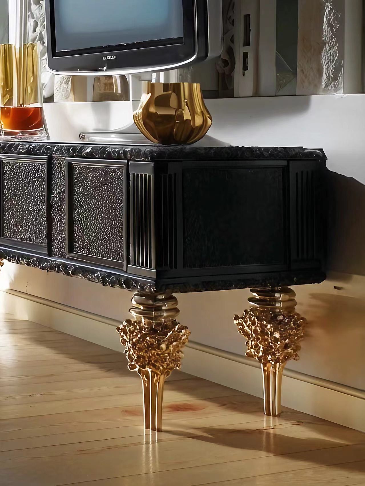 Luxury European Hand-Carved Wood TV Cabinet