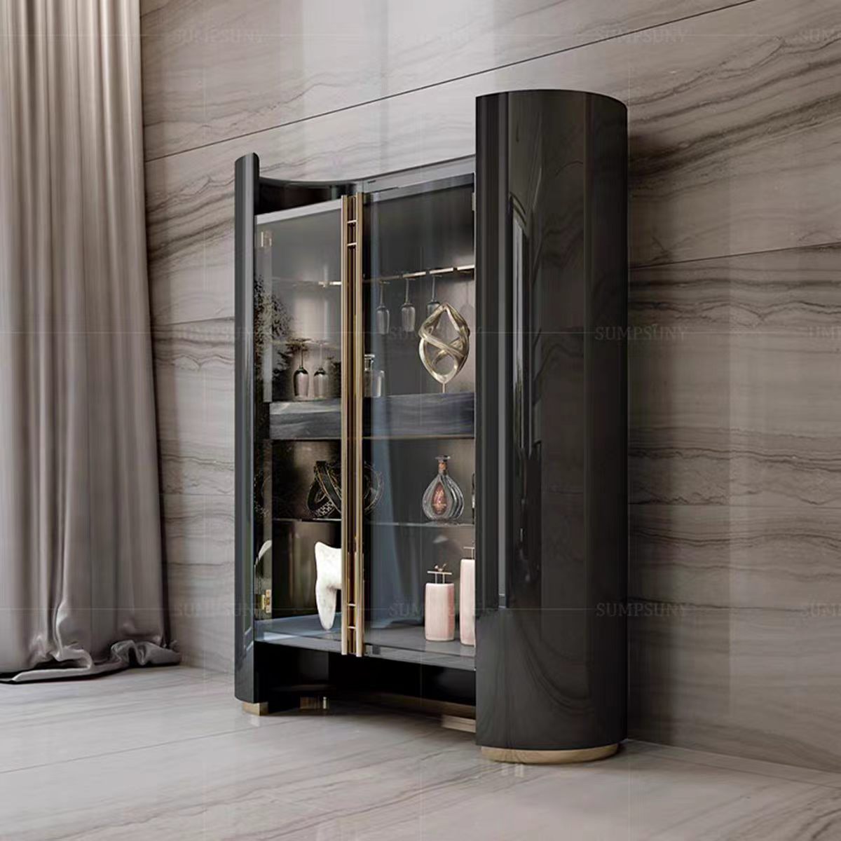 Luxury Italian Curved Glass Wine Cabinet Design