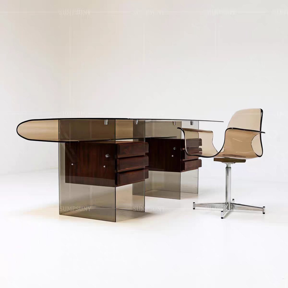 Luxury Italian Acrylic Floating Desk with Solid Wood Drawers