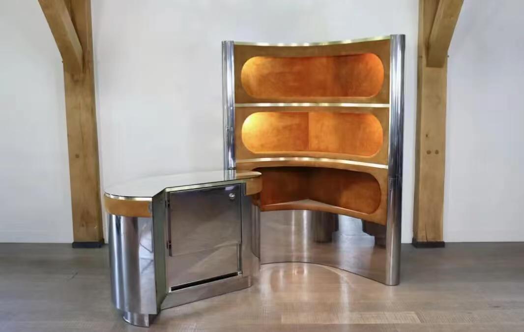 Luxury Italian Home Bar Cabinet with Stainless Steel & Mirror Design
