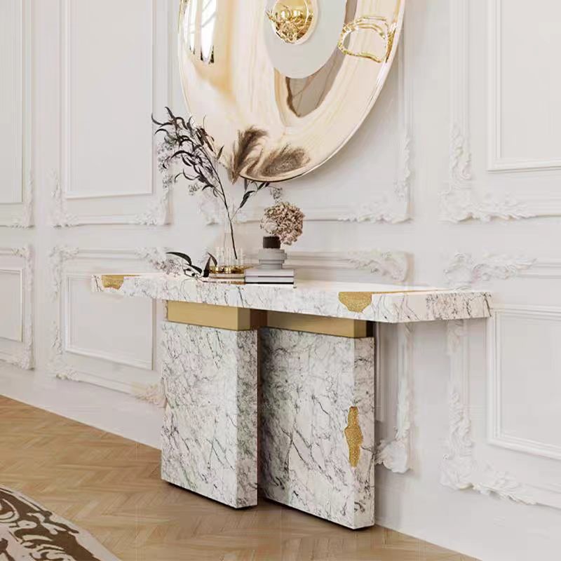 Luxury Marble Entryway Console Table with Brass & Stainless Steel Design