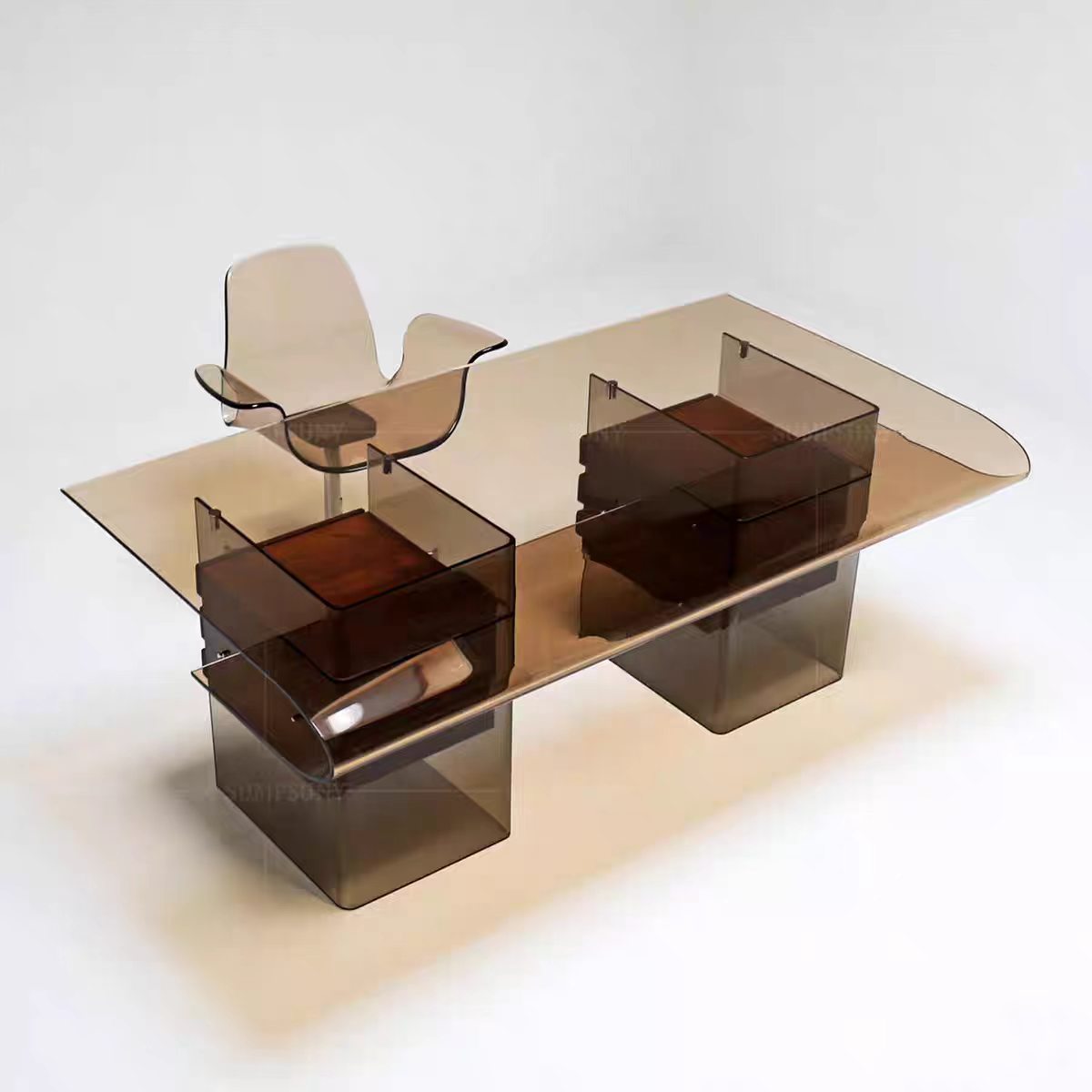 Luxury Italian Acrylic Floating Desk with Solid Wood Drawers