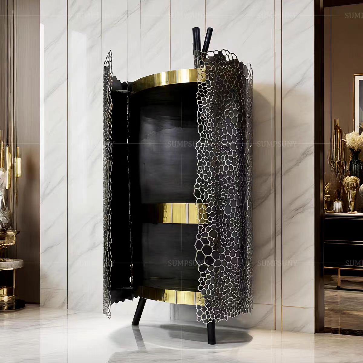 Luxury Italian Stainless Steel Open Wine Cabinet Design