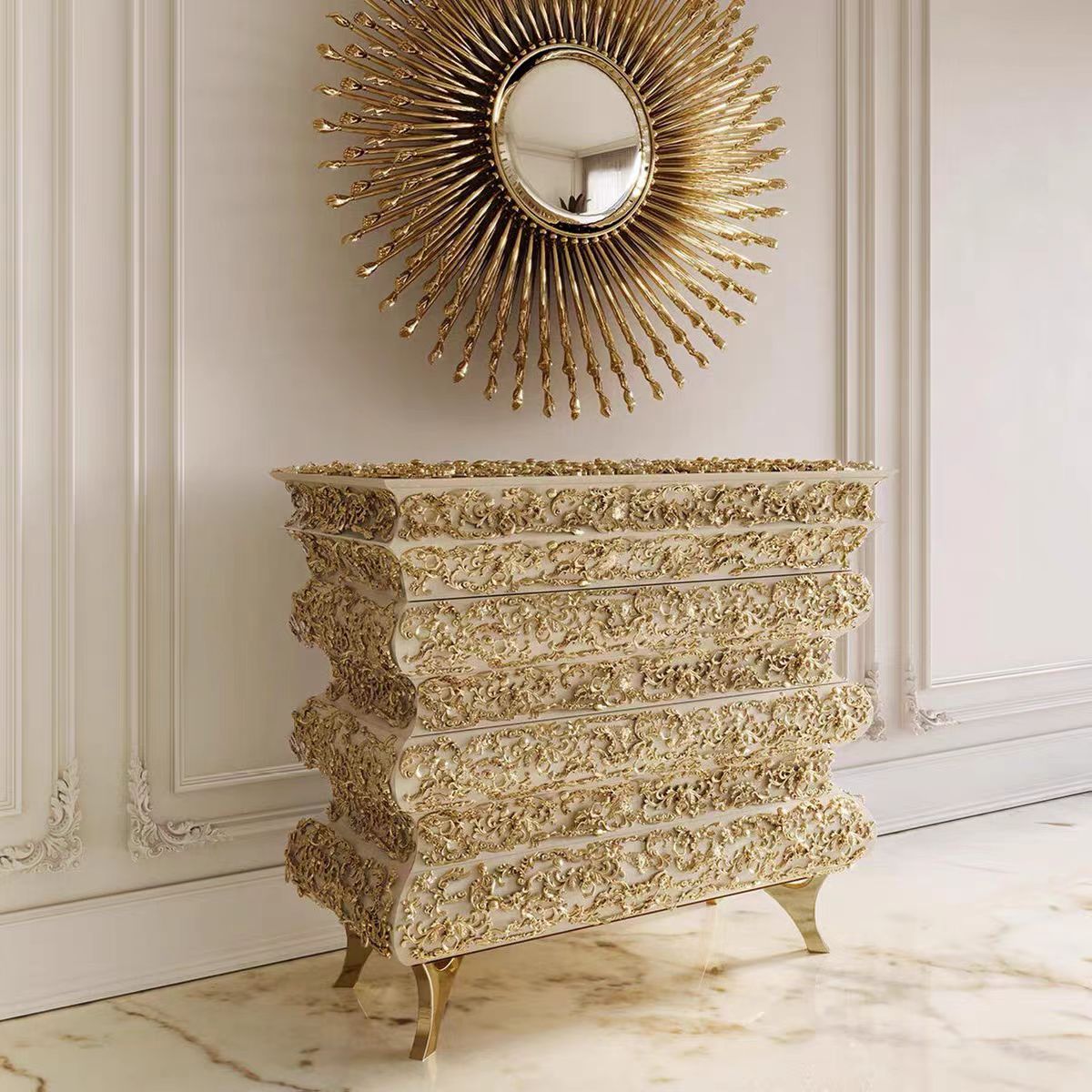 Luxury Italian Solid Wood Entryway Cabinet with Brass Carved Design