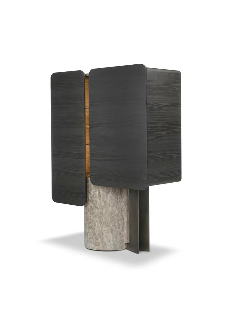 Luxury Italian Solid Wood Wine Cabinet with Marble & Stainless Steel Design