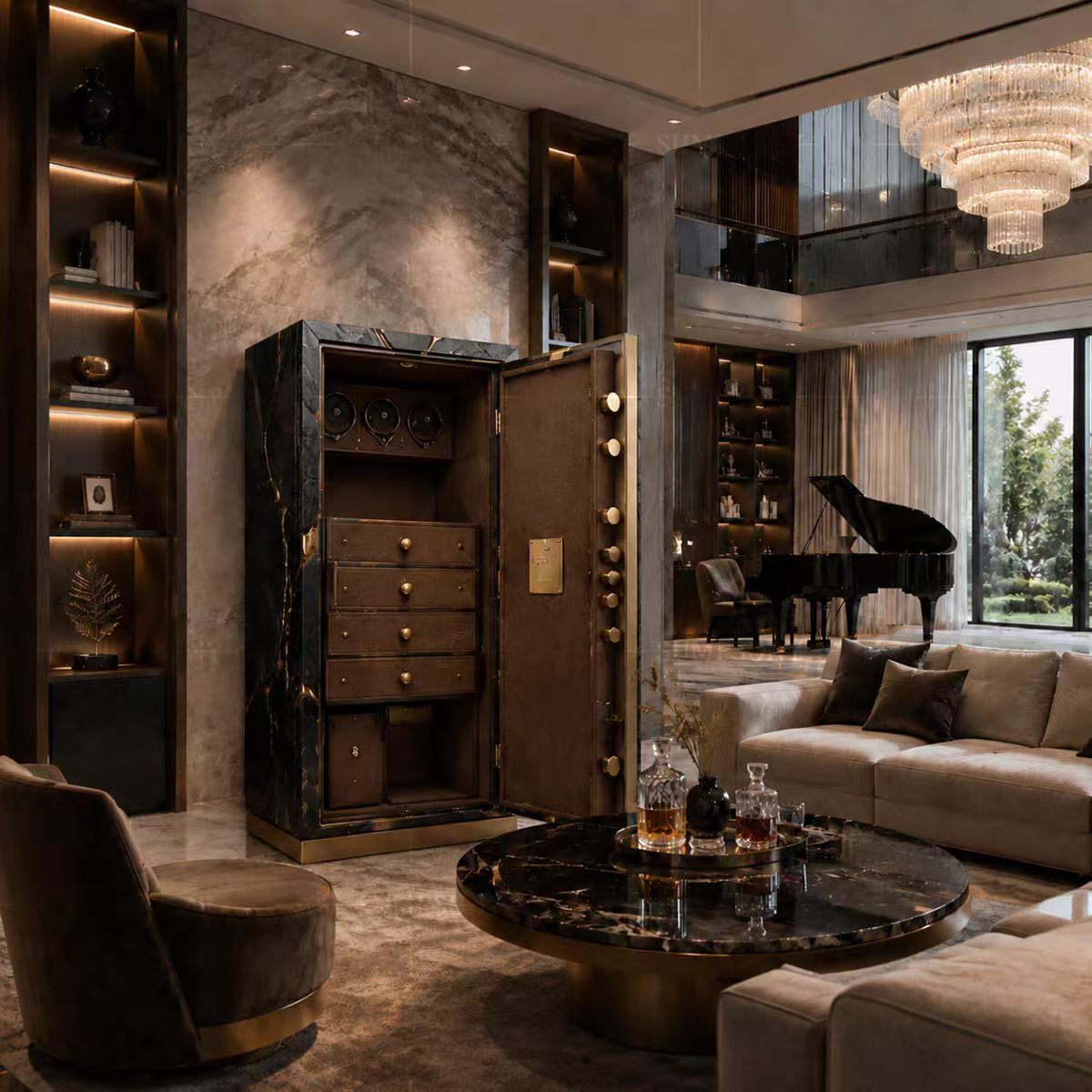Luxury Italian Gold Finish Leather Safe Cabinet with Watch Winder Design