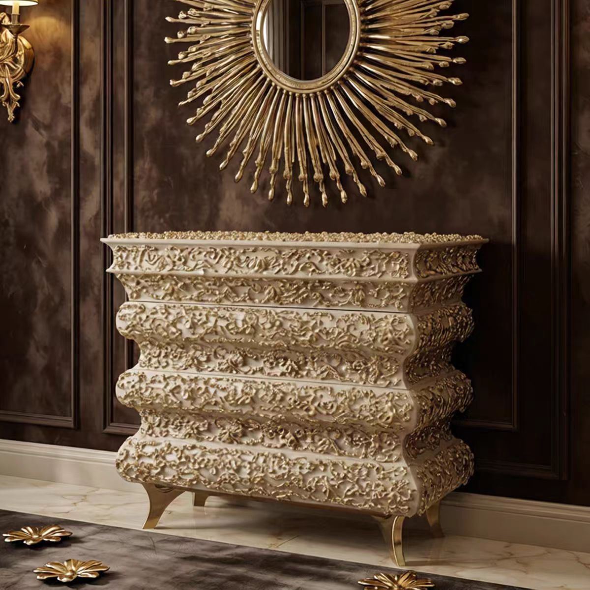 Luxury Italian Solid Wood Entryway Cabinet with Brass Carved Design
