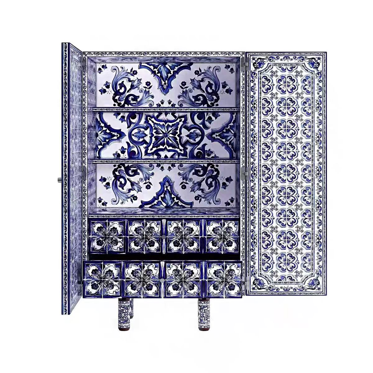 Luxury Italian Hand-Painted Blue & White Porcelain Sideboard