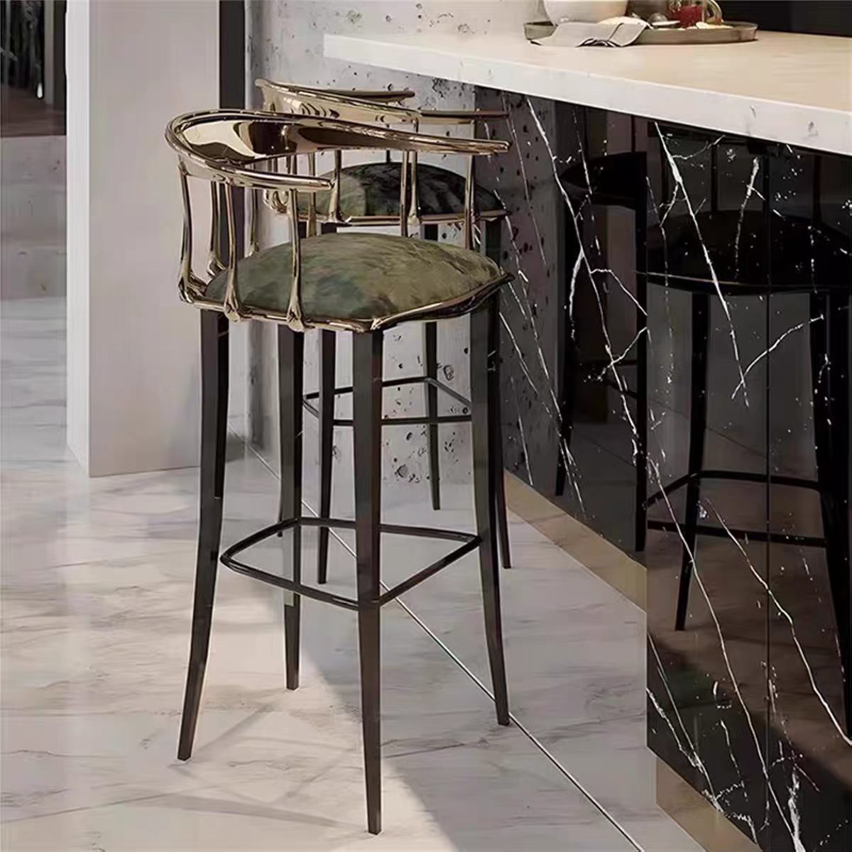 Luxury Italian Brass Bar Stool with Solid Wood Design