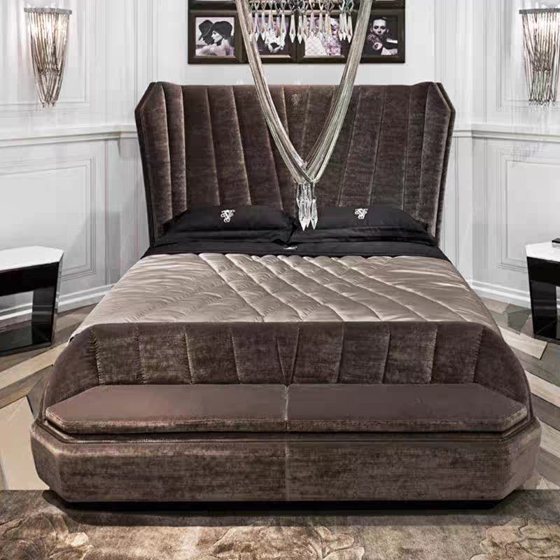 Italian Luxury Minimalist Upholstered Bed with Integrated Bench and Stainless Steel Details