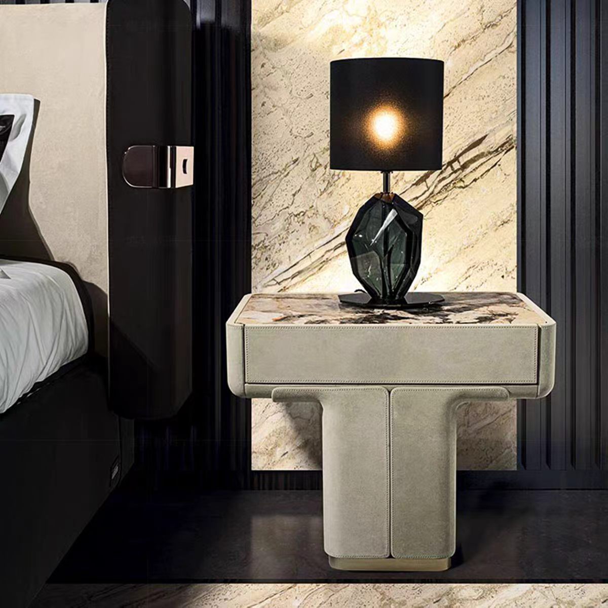 Luxury Italian Bedside Table with Marble & Leather Design