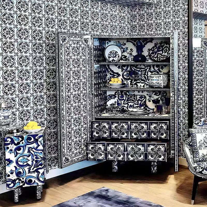 Luxury Italian Hand-Painted Blue & White Porcelain Sideboard