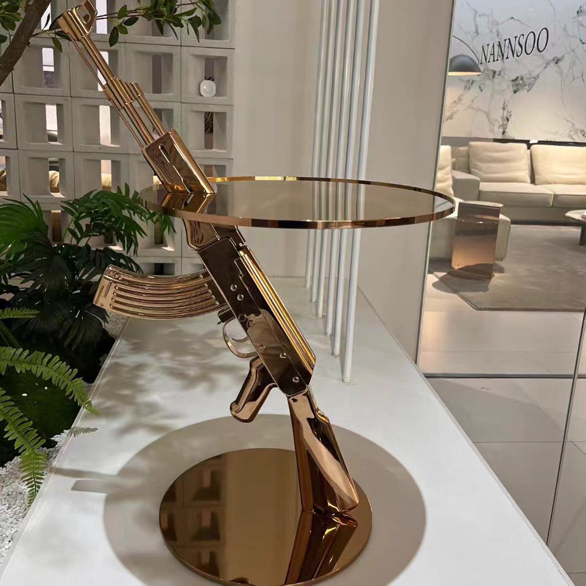 Luxury Stainless Steel Round Side Table with Gun-Inspired Design