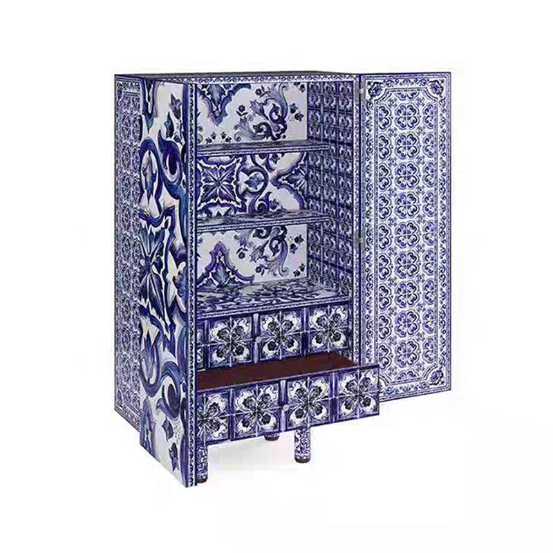 Luxury Italian Hand-Painted Blue & White Porcelain Sideboard