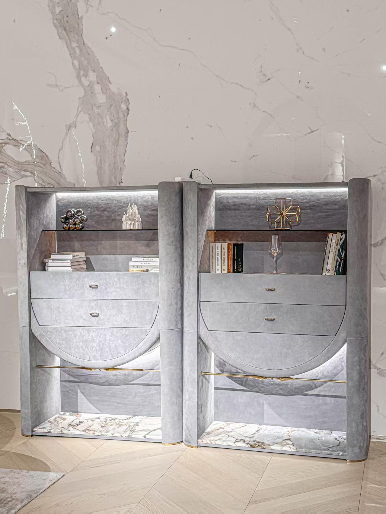 Luxury Italian Display Cabinet with Leather & Marble Design