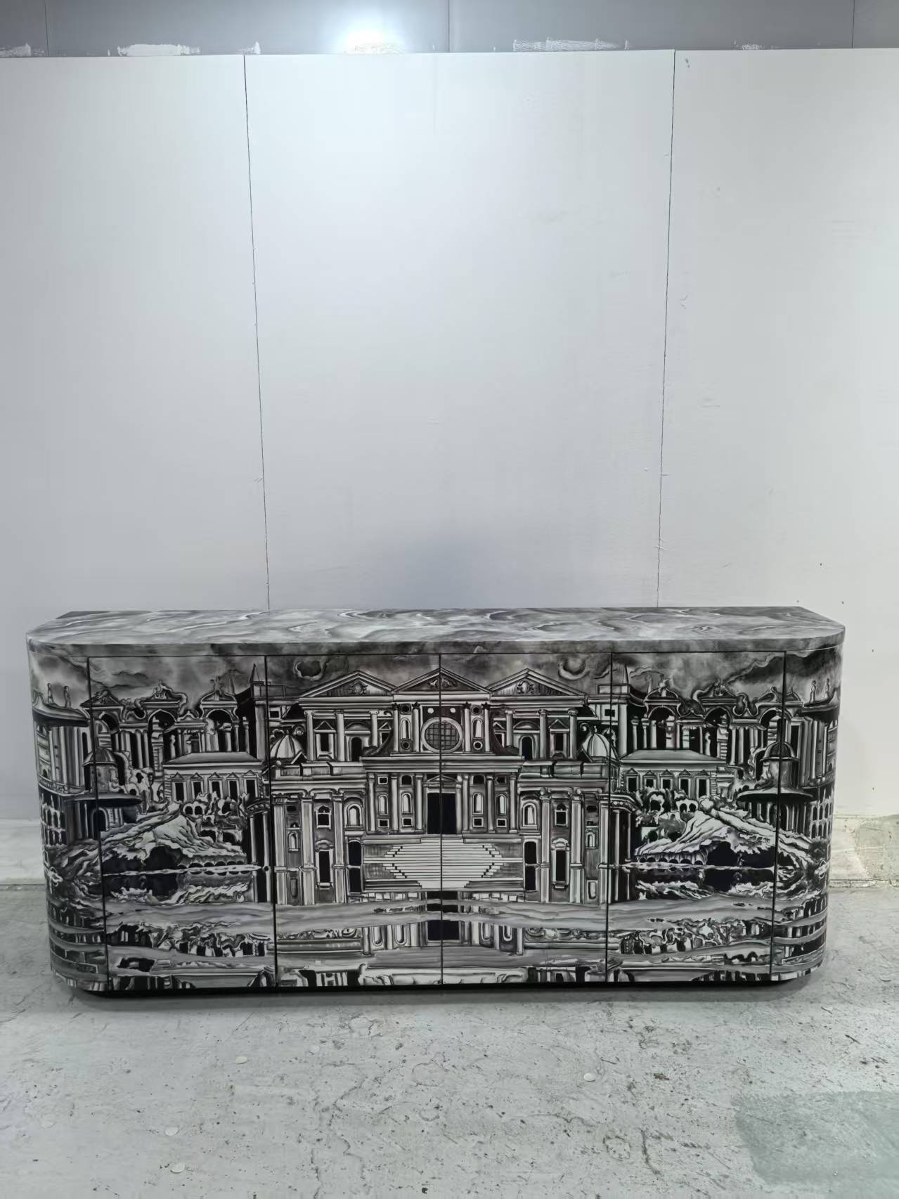 Luxury Curved Architectural Sideboard Cabinet with Hand Painted Design