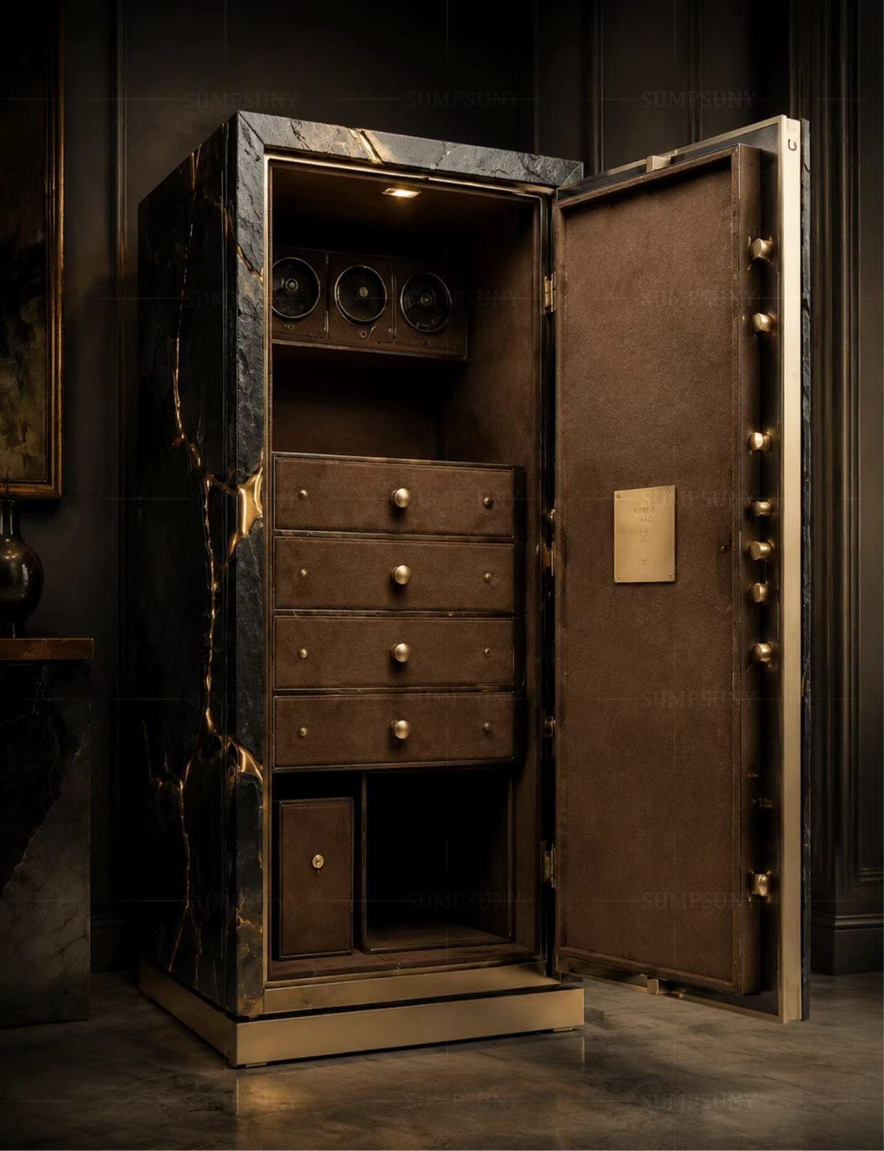 Luxury Italian Gold Finish Leather Safe Cabinet with Watch Winder Design
