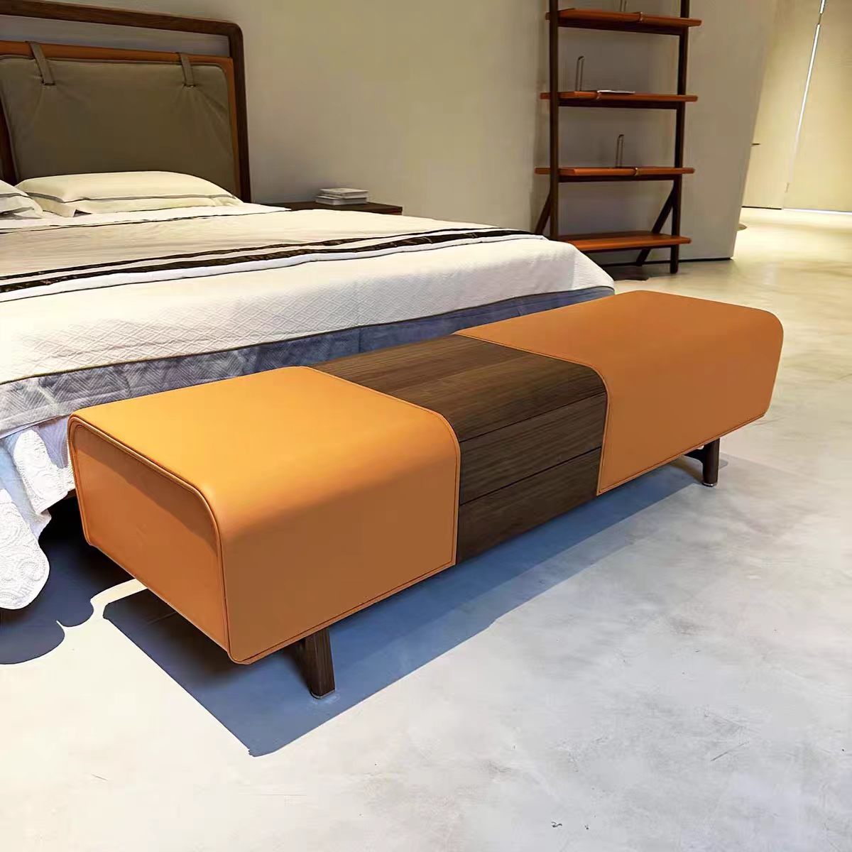 Luxury Italian Solid Wood Bench with Leather Upholstery Design