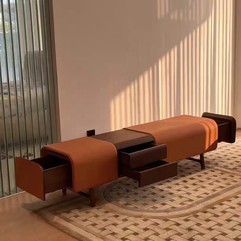 Luxury Italian Solid Wood Bench with Leather Upholstery Design