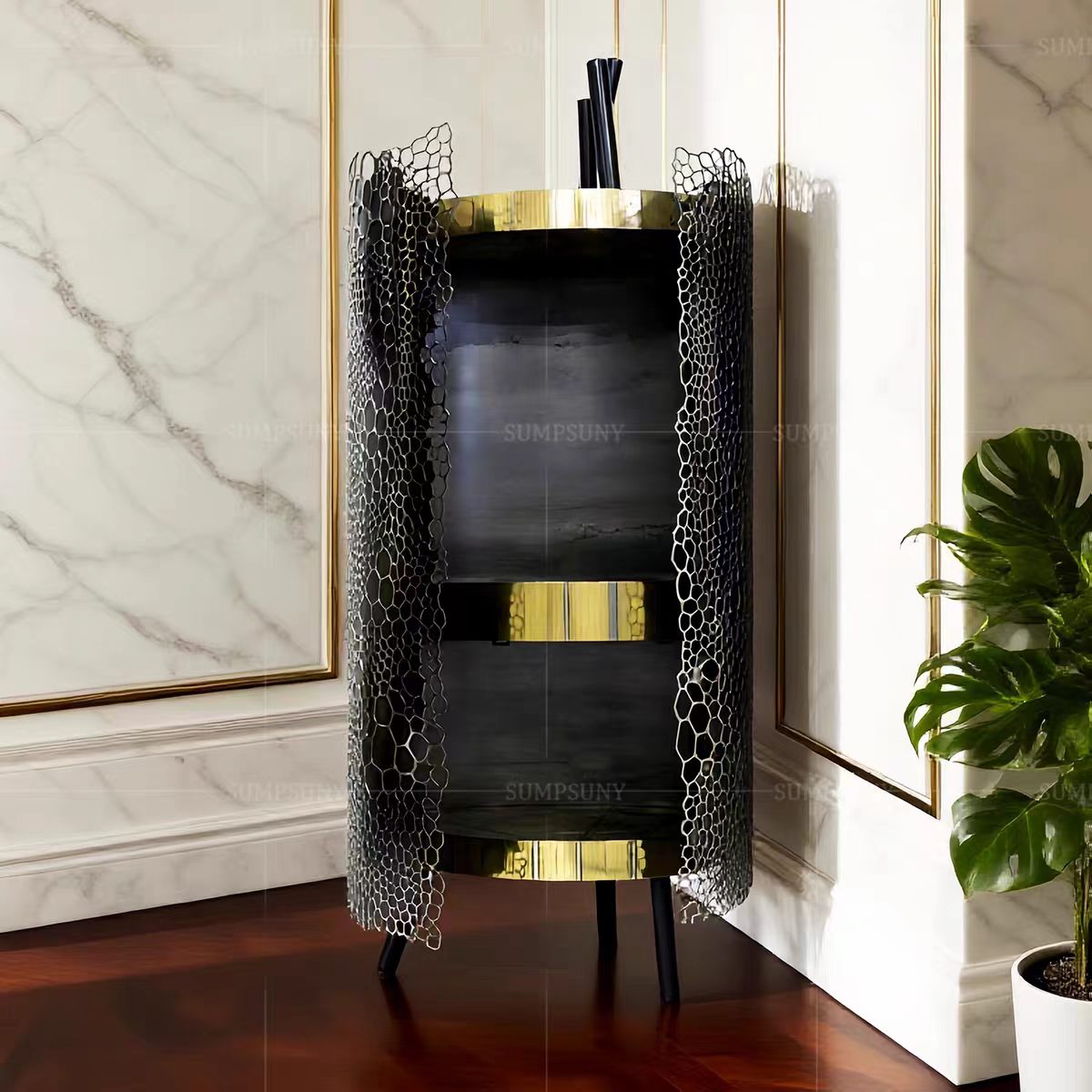 Luxury Italian Stainless Steel Open Wine Cabinet Design