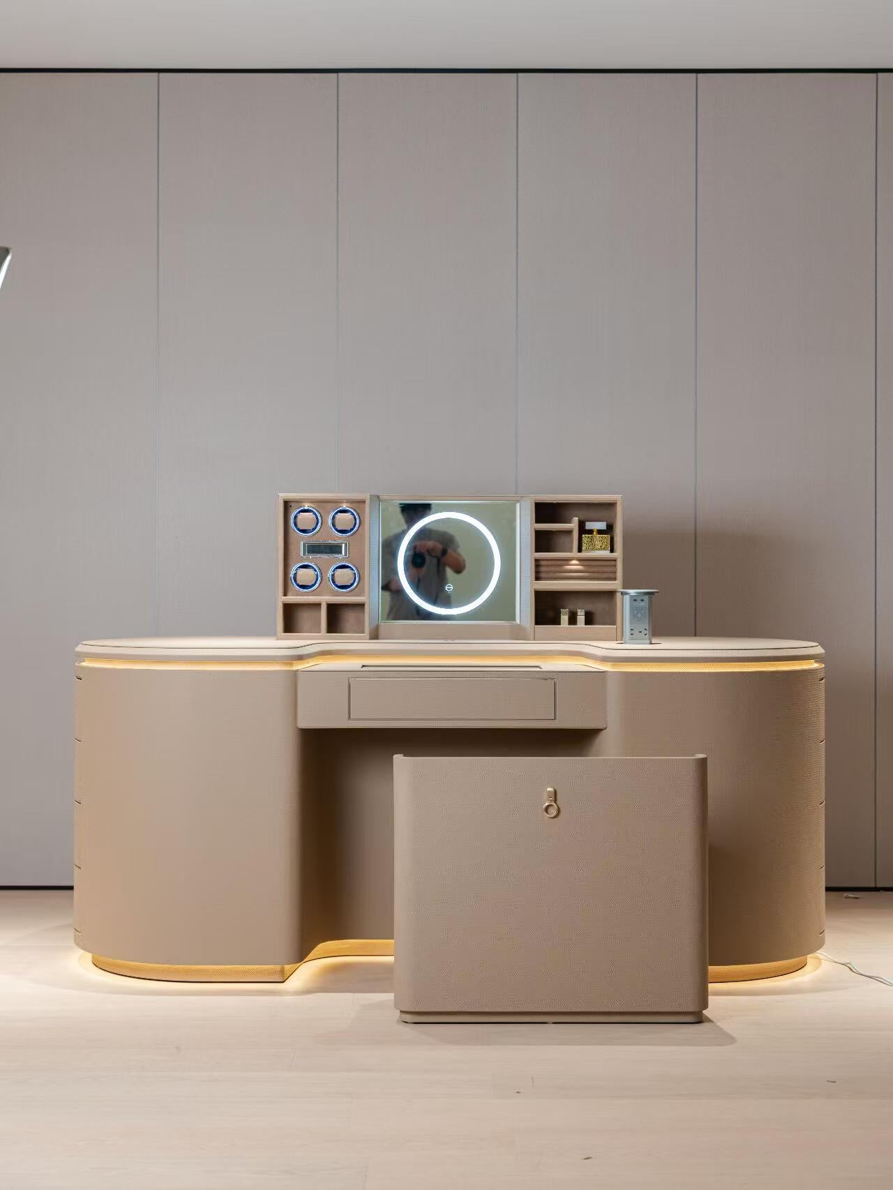 Luxury Walk-In Closet Island Cabinet with Leather & Glass Design