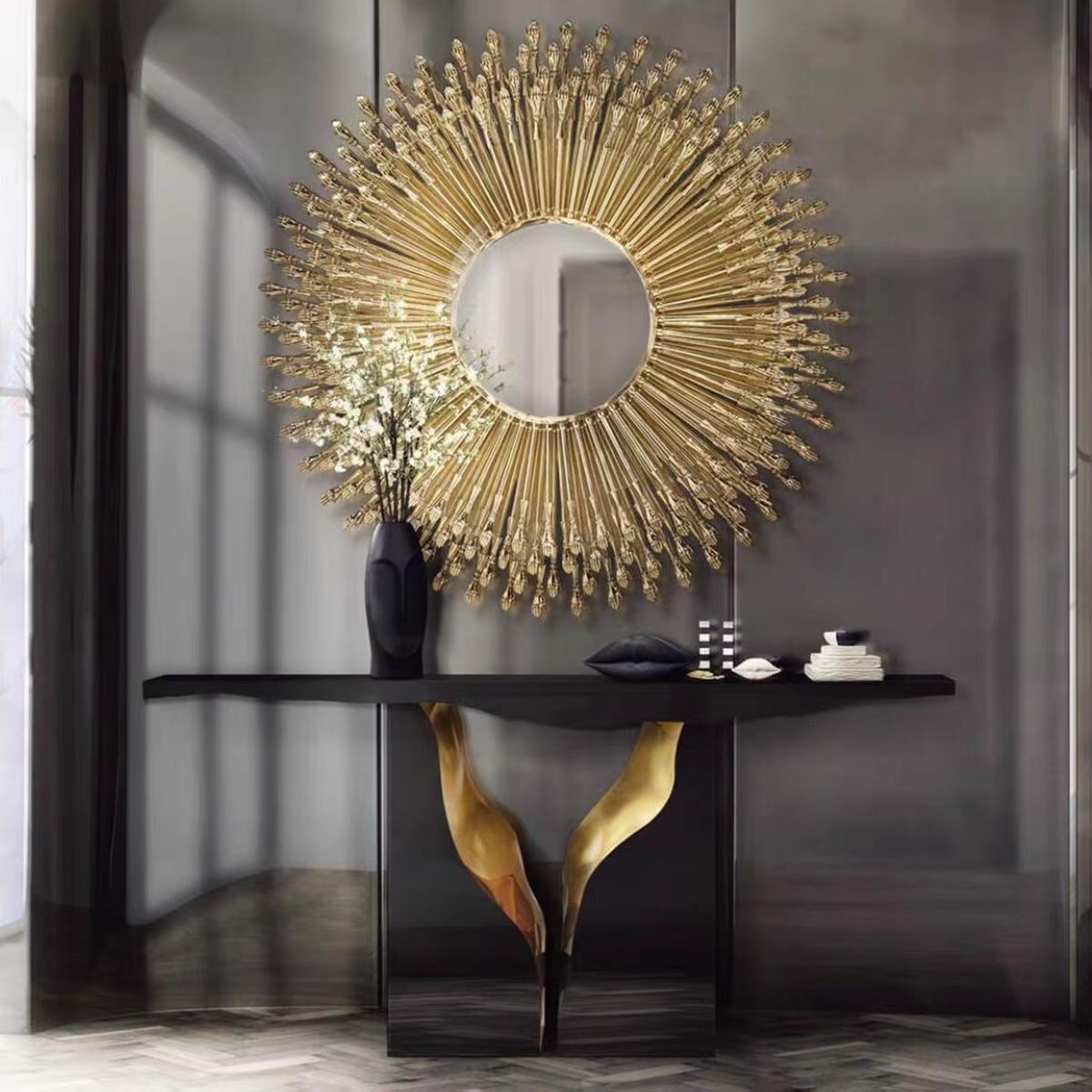 Italian Luxury Brass Sunburst Artistic Wall Mirror