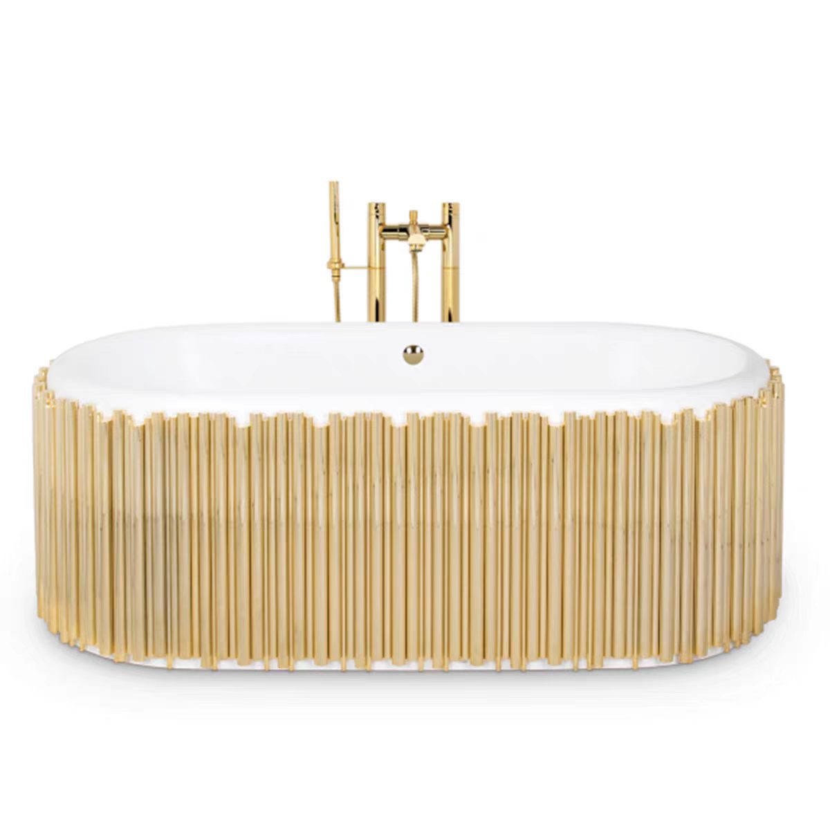 Luxury Italian Gold Vertical Stripe Stainless Steel Freestanding Bathtub with Ceramic Interior