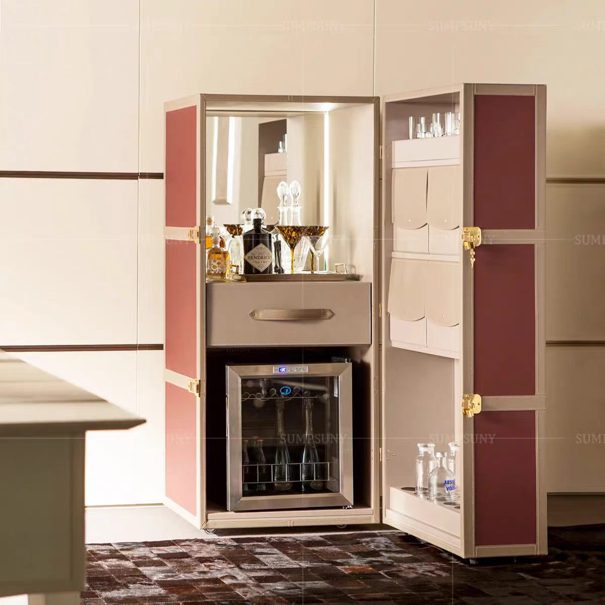 Luxury Leather Movable Wine Cabinet Design