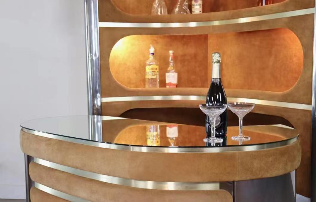 Luxury Italian Home Bar Cabinet with Stainless Steel & Mirror Design