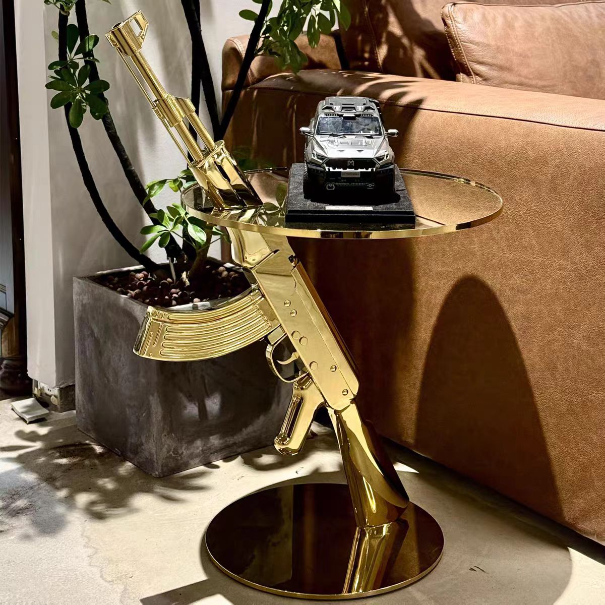 Luxury Stainless Steel Round Side Table with Gun-Inspired Design