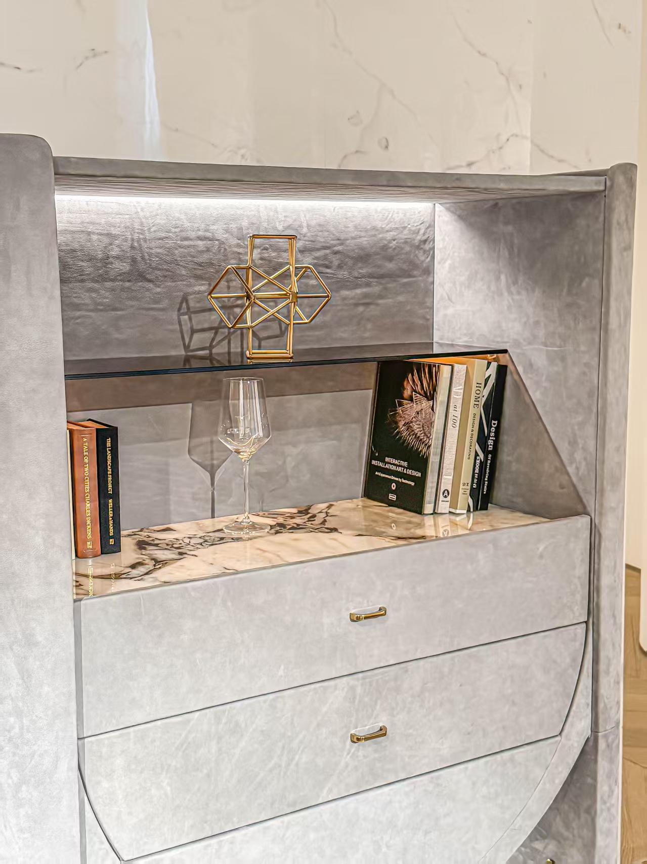 Luxury Italian Display Cabinet with Leather & Marble Design