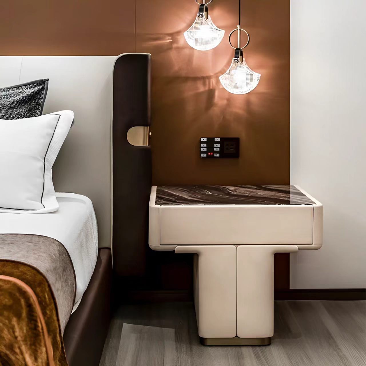 Luxury Italian Bedside Table with Marble & Leather Design