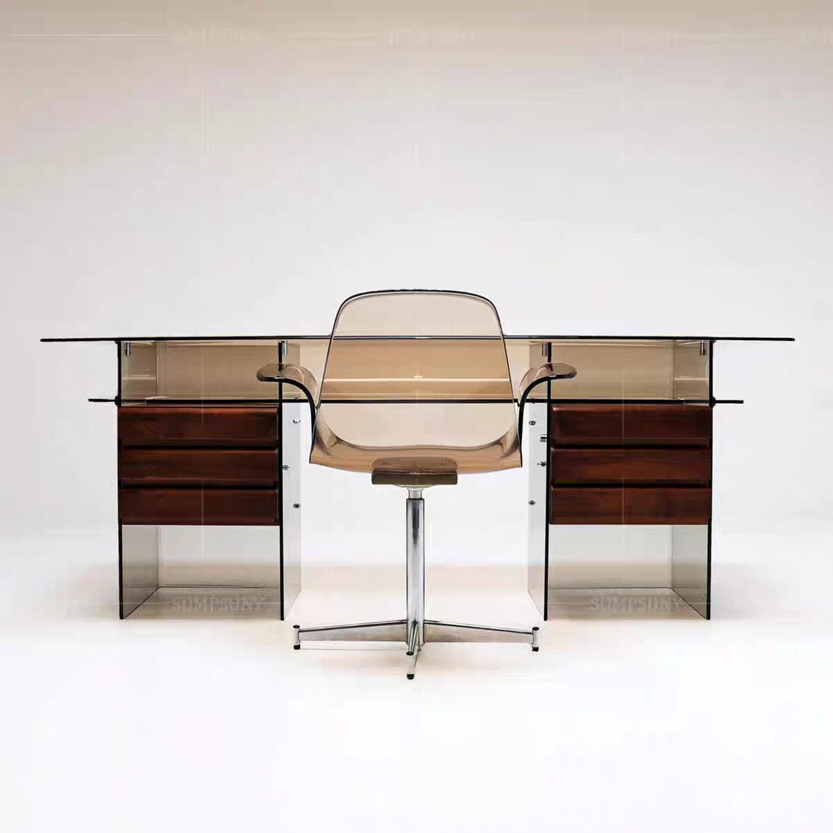 Luxury Italian Acrylic Floating Desk with Solid Wood Drawers