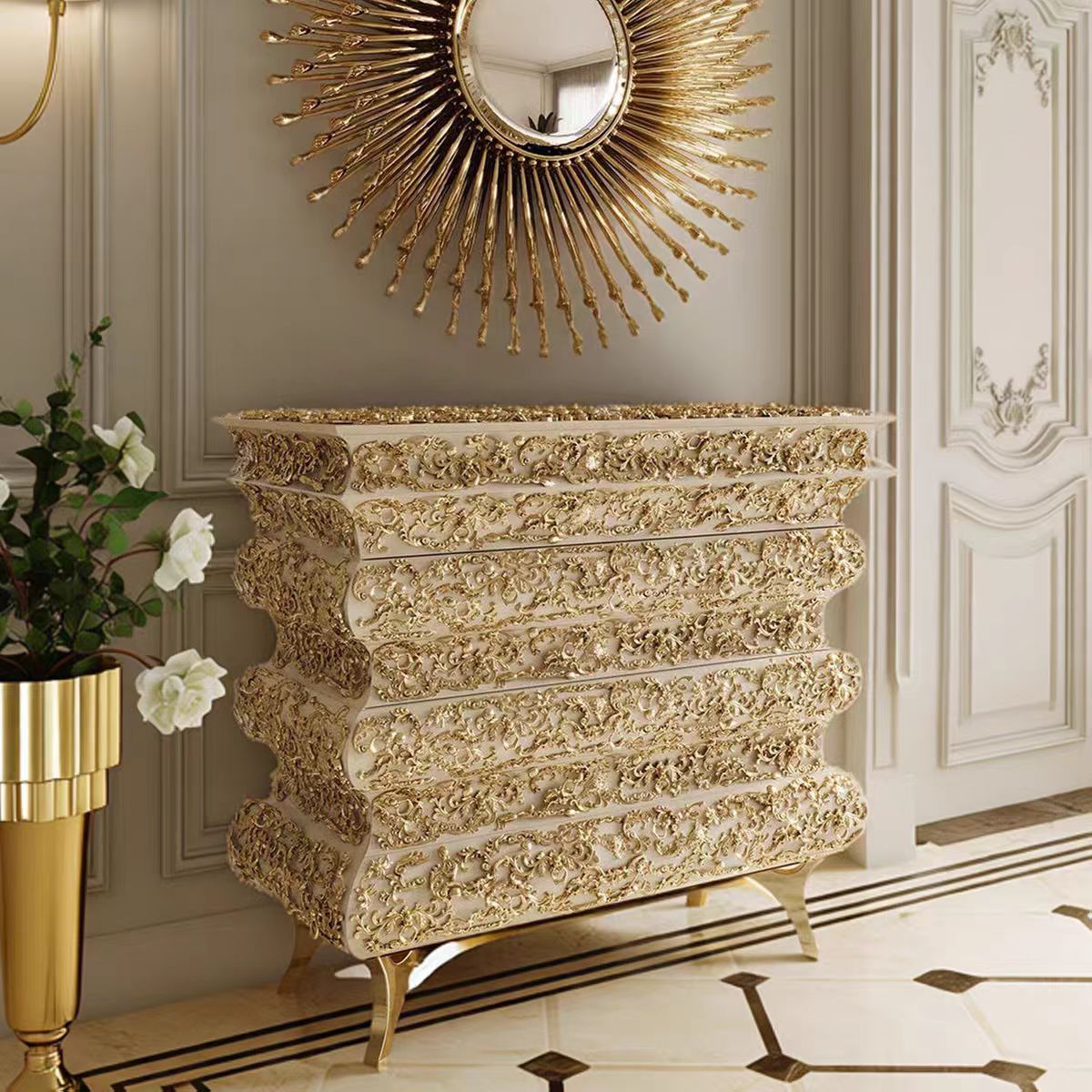 Luxury Italian Solid Wood Entryway Cabinet with Brass Carved Design