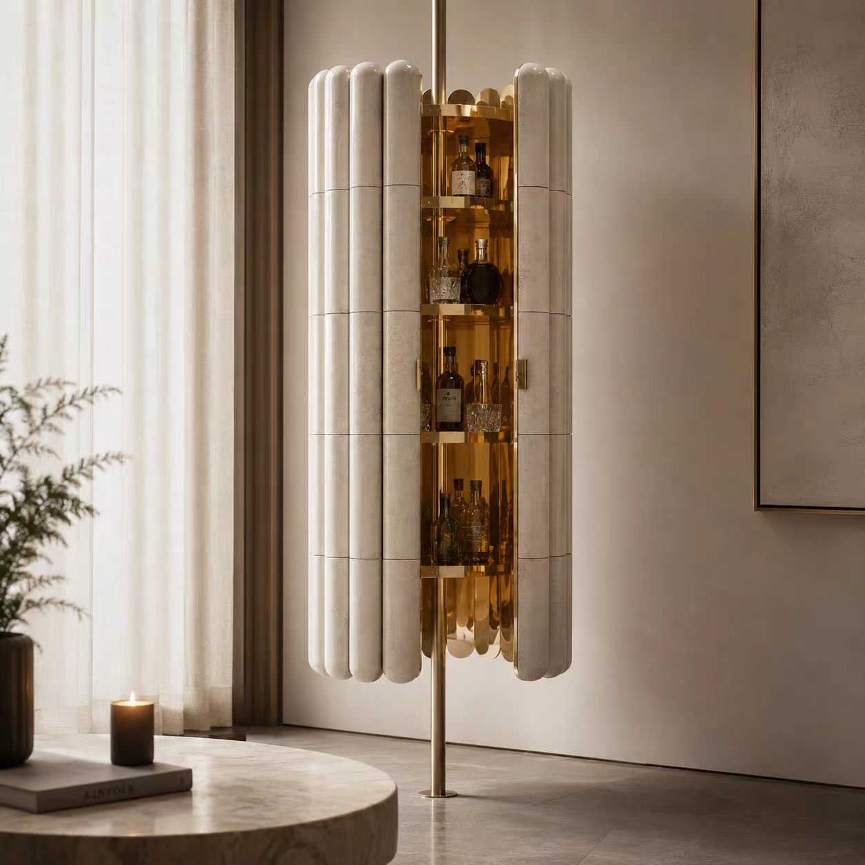 Luxury Stainless Steel Pillar Wine Cabinet with Wooden Design