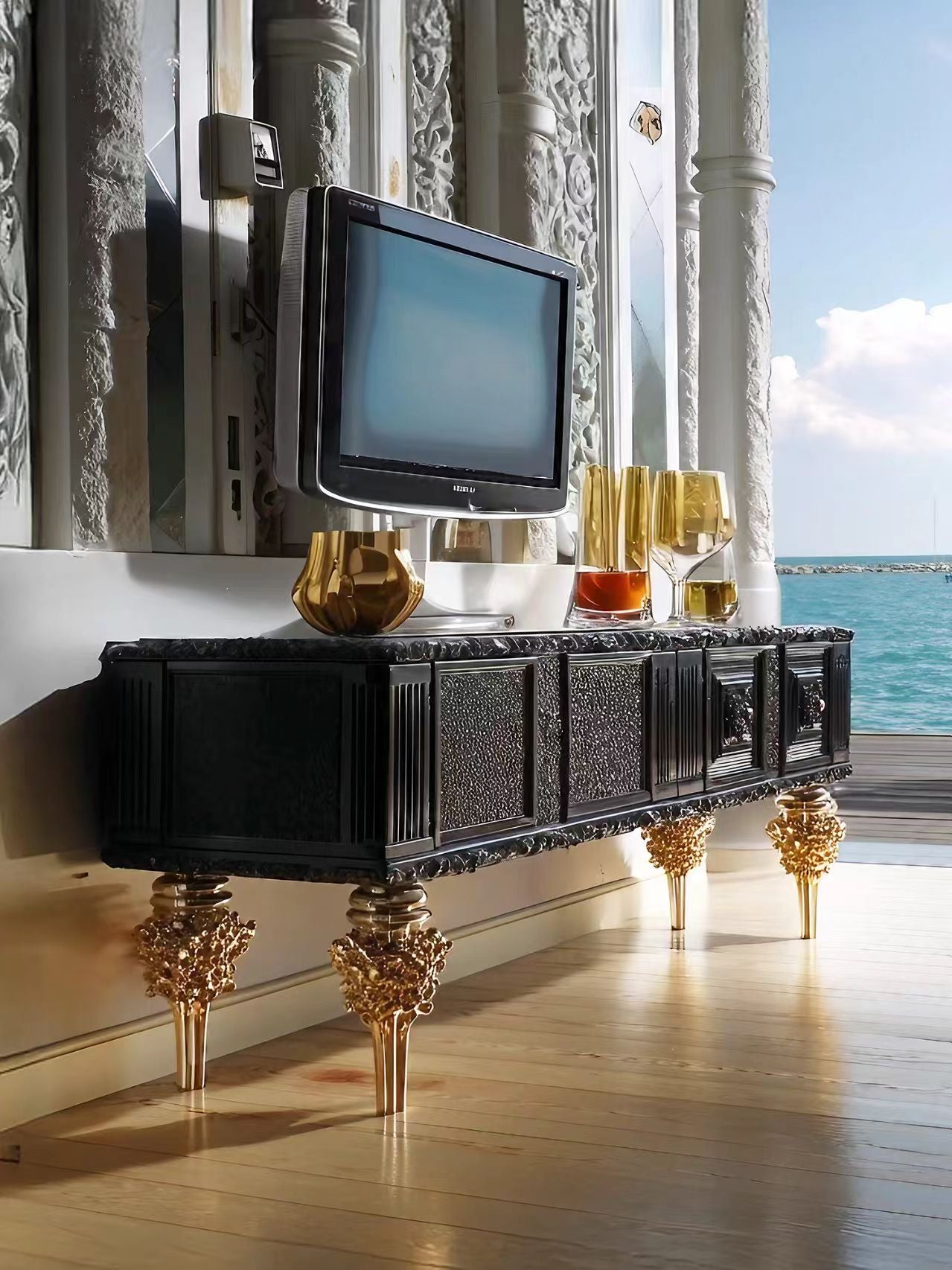 Luxury European Hand-Carved Wood TV Cabinet