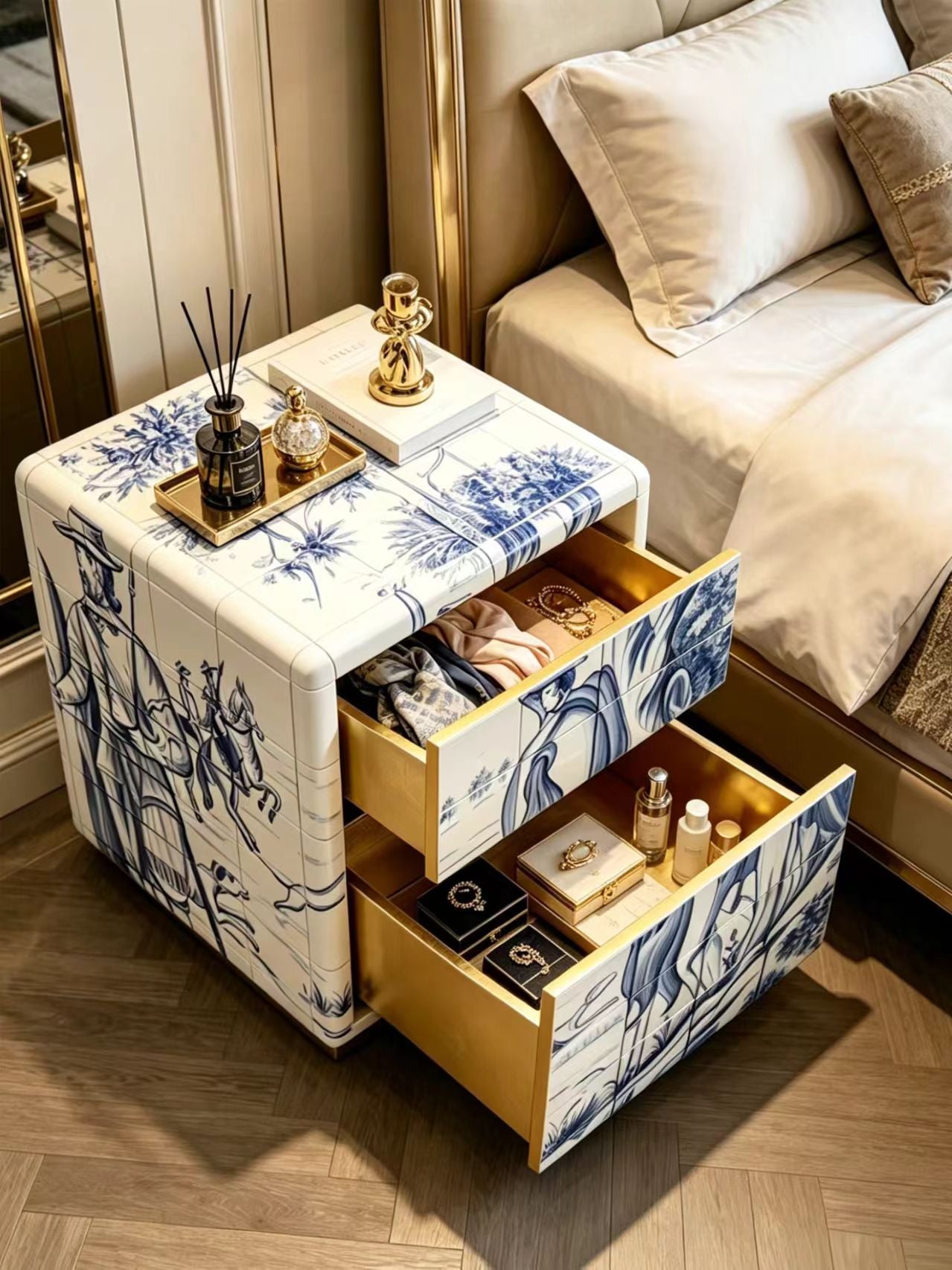Luxury Italian Hand-Painted Bedside Cabinet