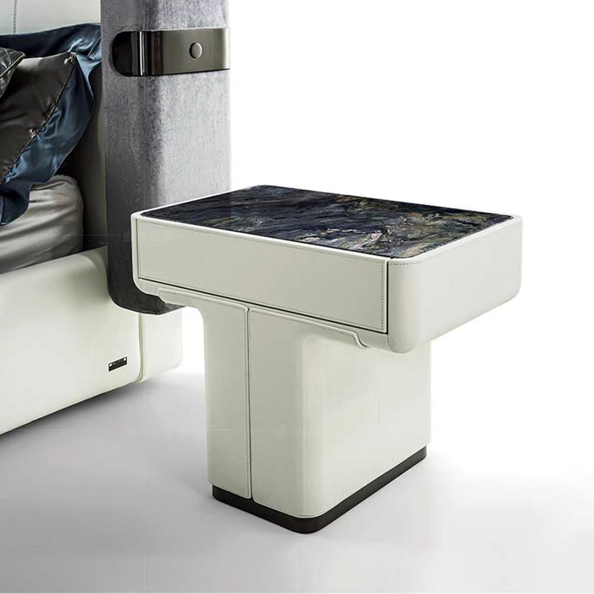 Luxury Italian Bedside Table with Marble & Leather Design