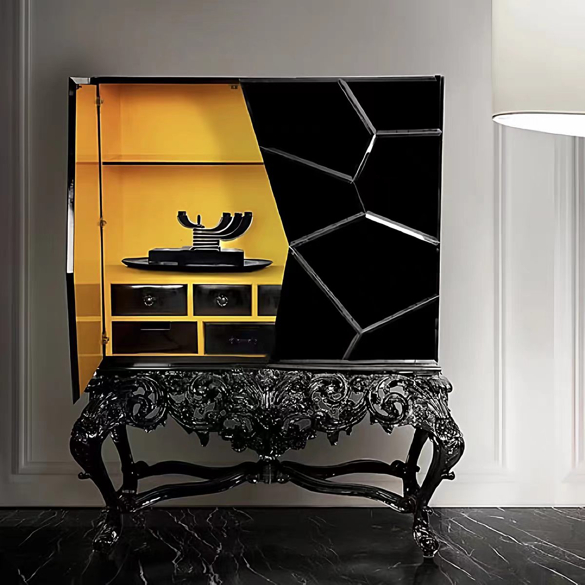 Luxury Italian Black Wood Wine Cabinet