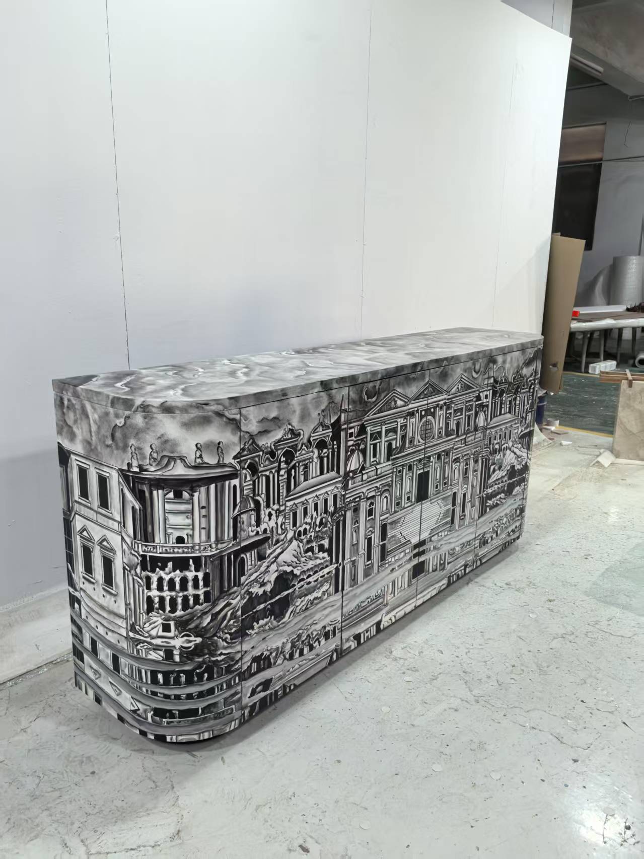 Luxury Curved Architectural Sideboard Cabinet with Hand Painted Design