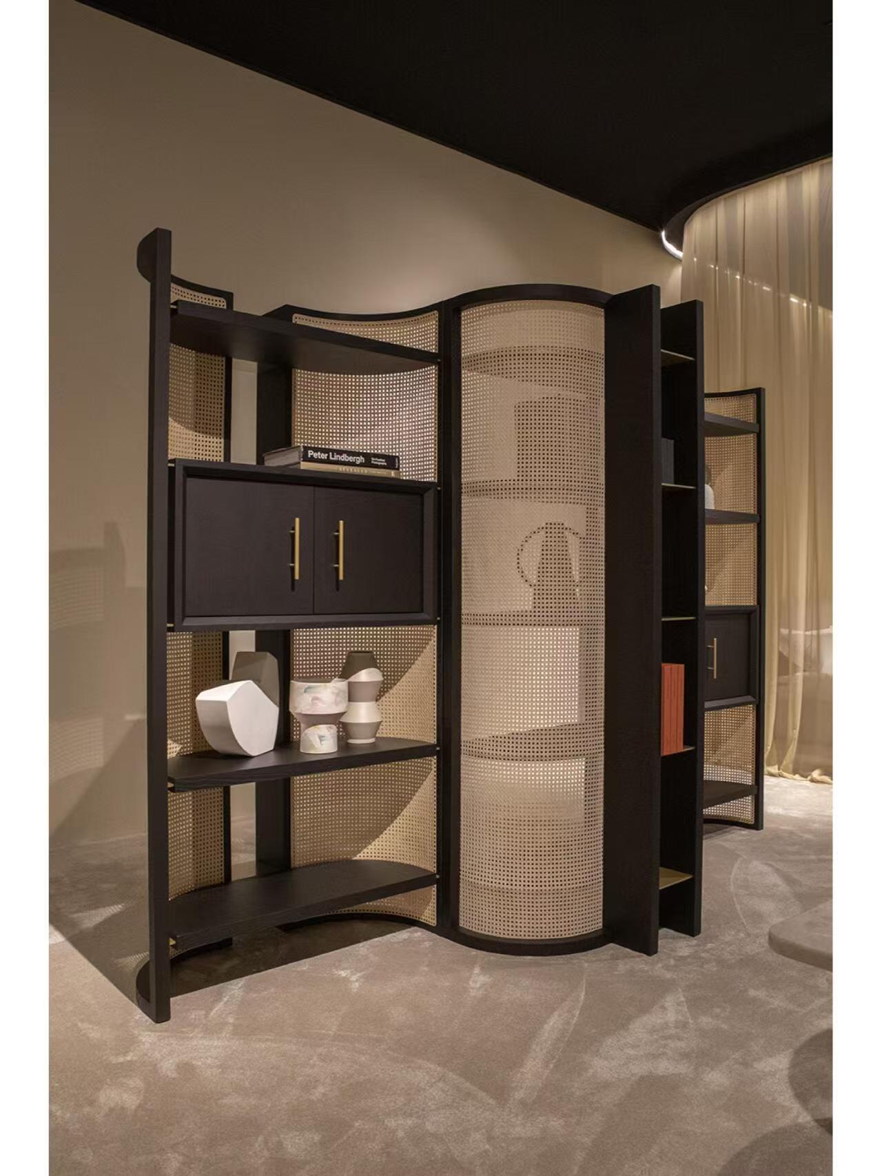 Luxury Italian Rattan Bookshelf with Stainless Steel Design