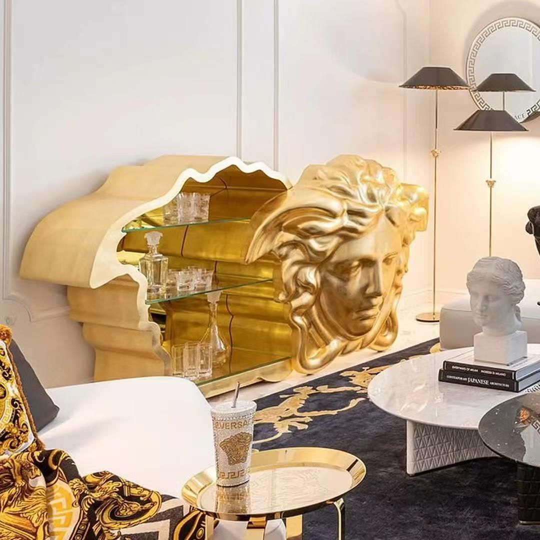 Luxury Italian Medusa Gold Leaf Wine Cabinet