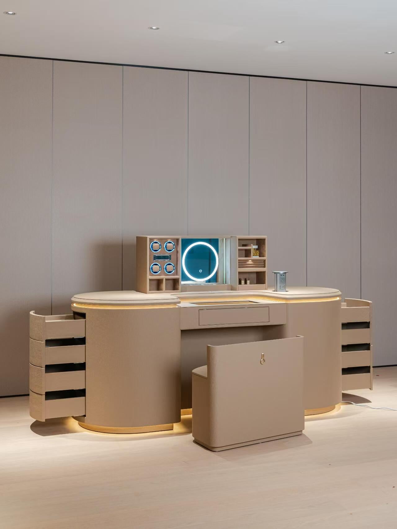 Luxury Walk-In Closet Island Cabinet with Leather & Glass Design