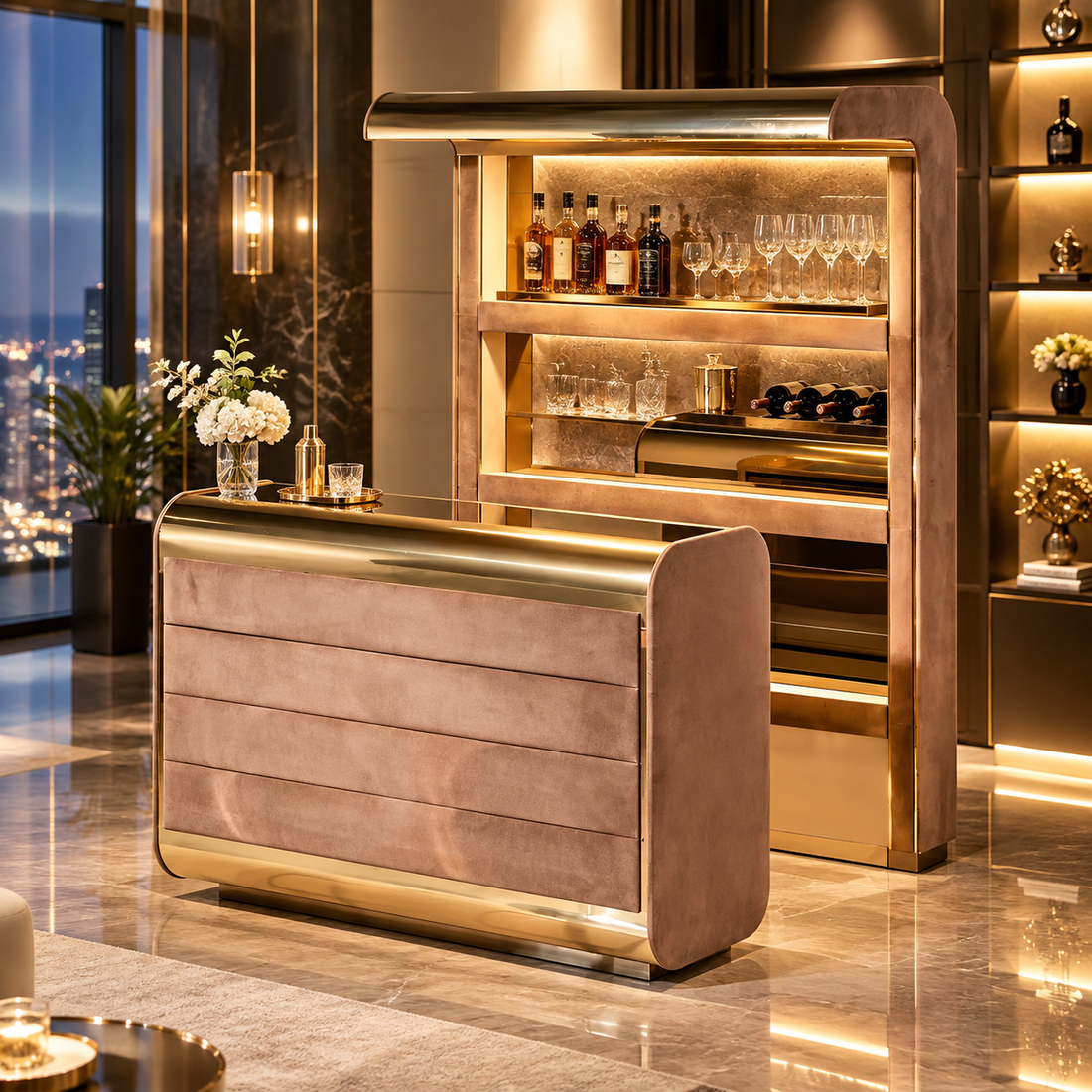 Custom Fabric & Metal Bar Cabinet Set for Luxury Villa & Hotel Projects