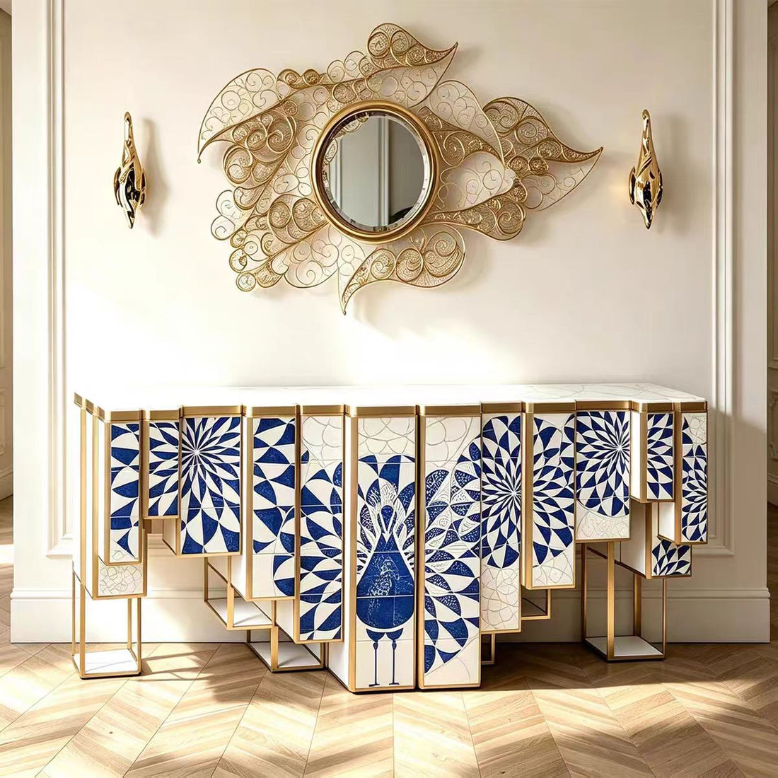 Custom Hand-Painted Peacock Console Table for Luxury Villa Projects