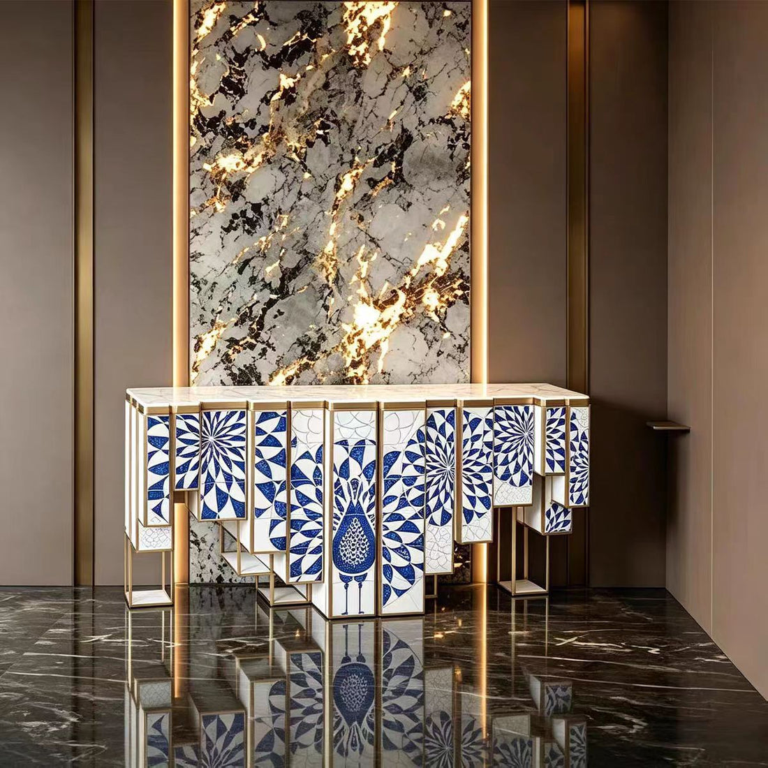 Custom Hand-Painted Peacock Console Table for Luxury Villa Projects