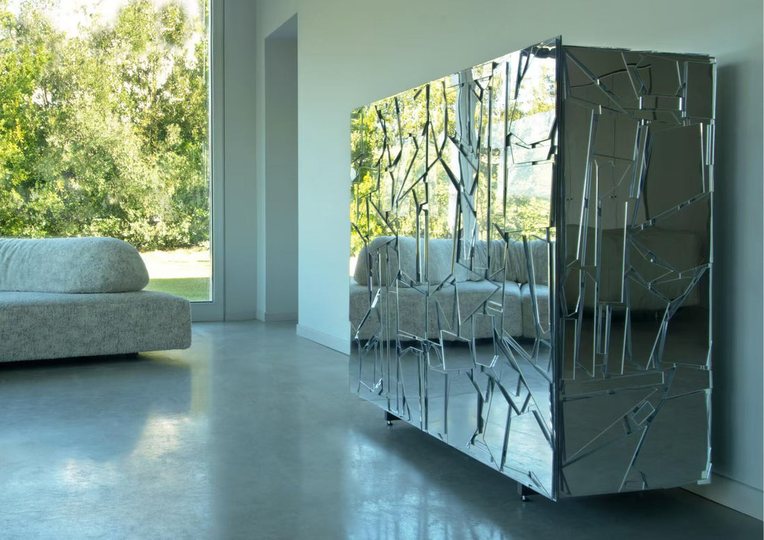 Custom Mirrored Glass & Metal Sideboard for Luxury Villa & Hotel Projects