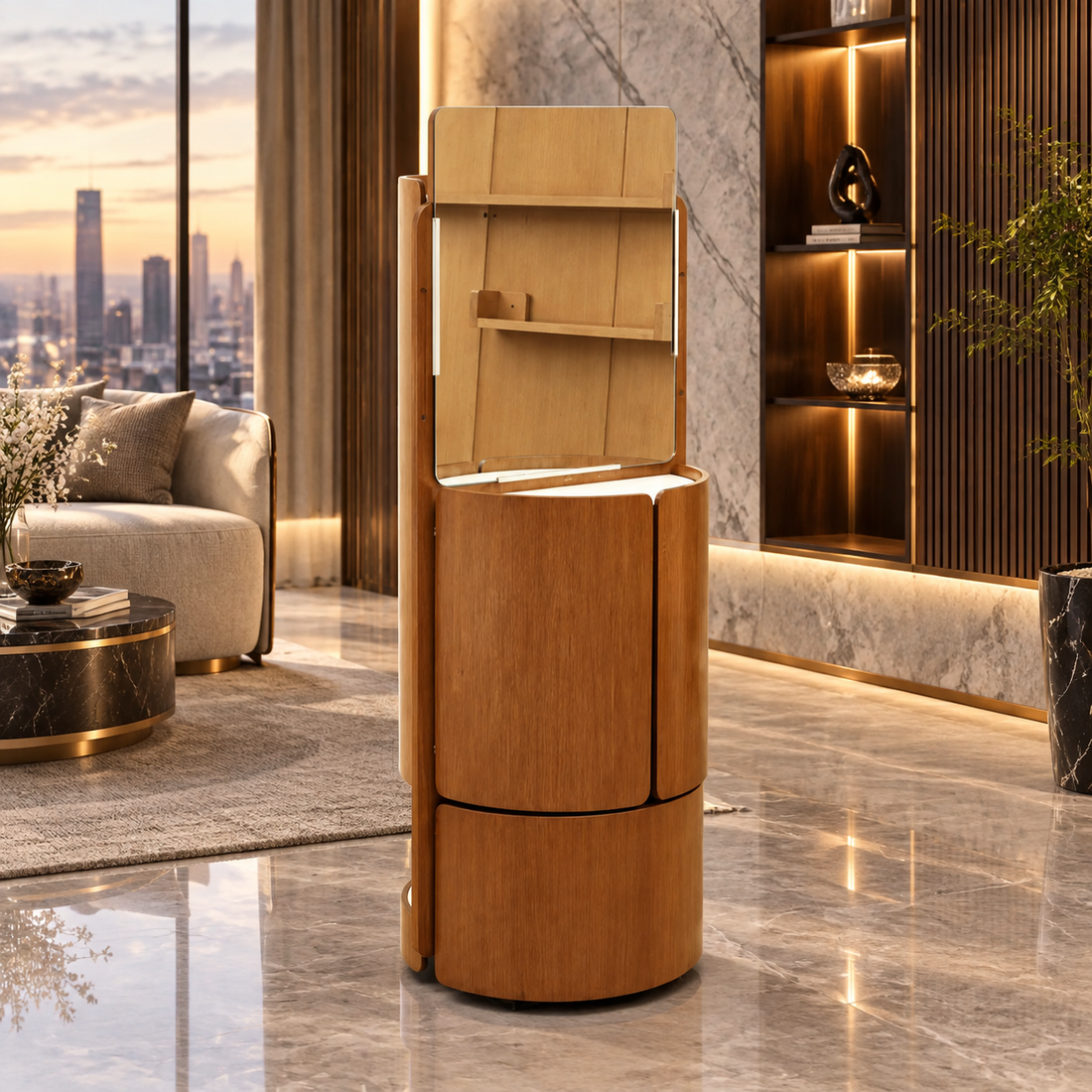 Custom Walnut Rotating Dressing Table for Luxury Villa Projects