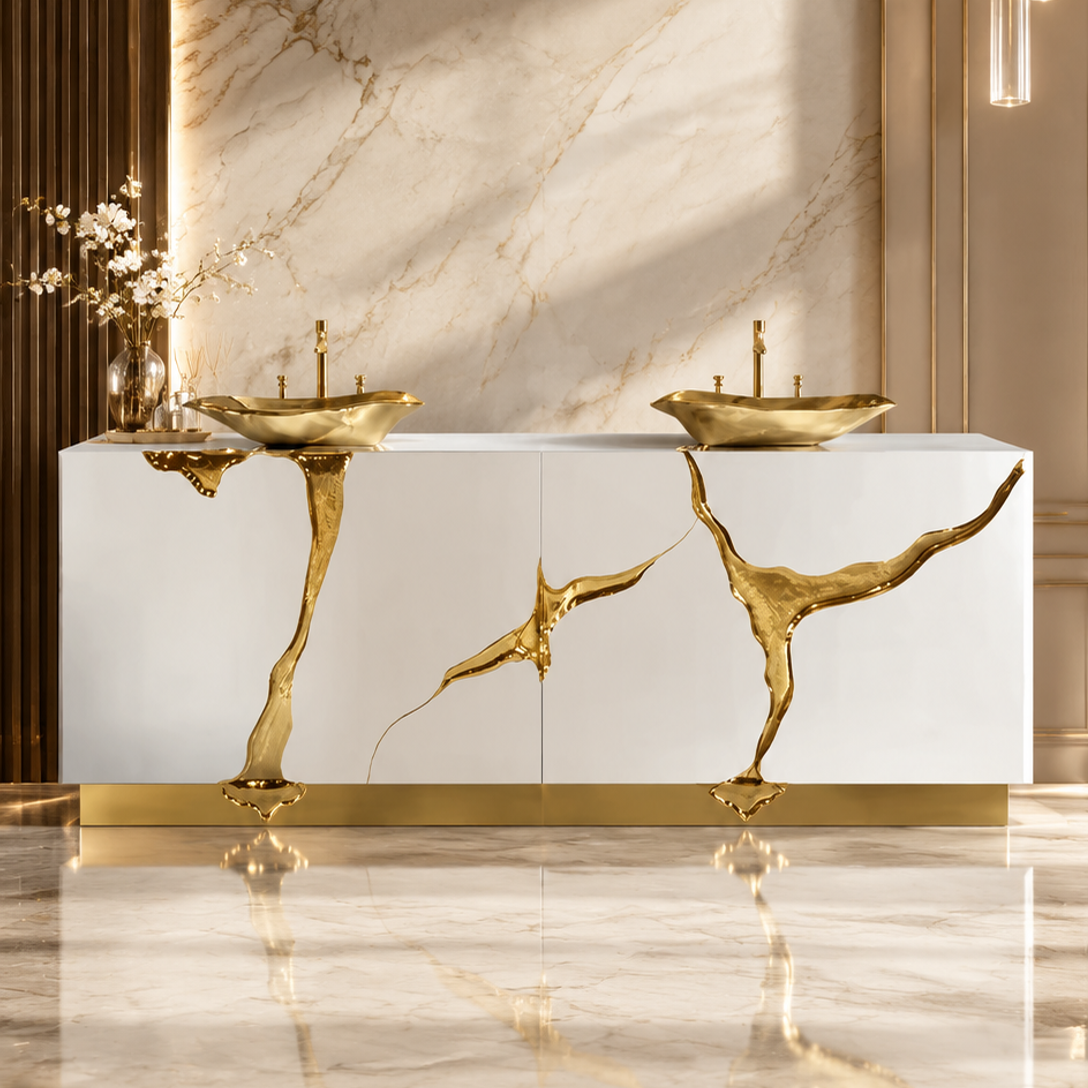 Custom Wood & Metal Bathroom Vanity for Luxury Villa & Hotel Projects