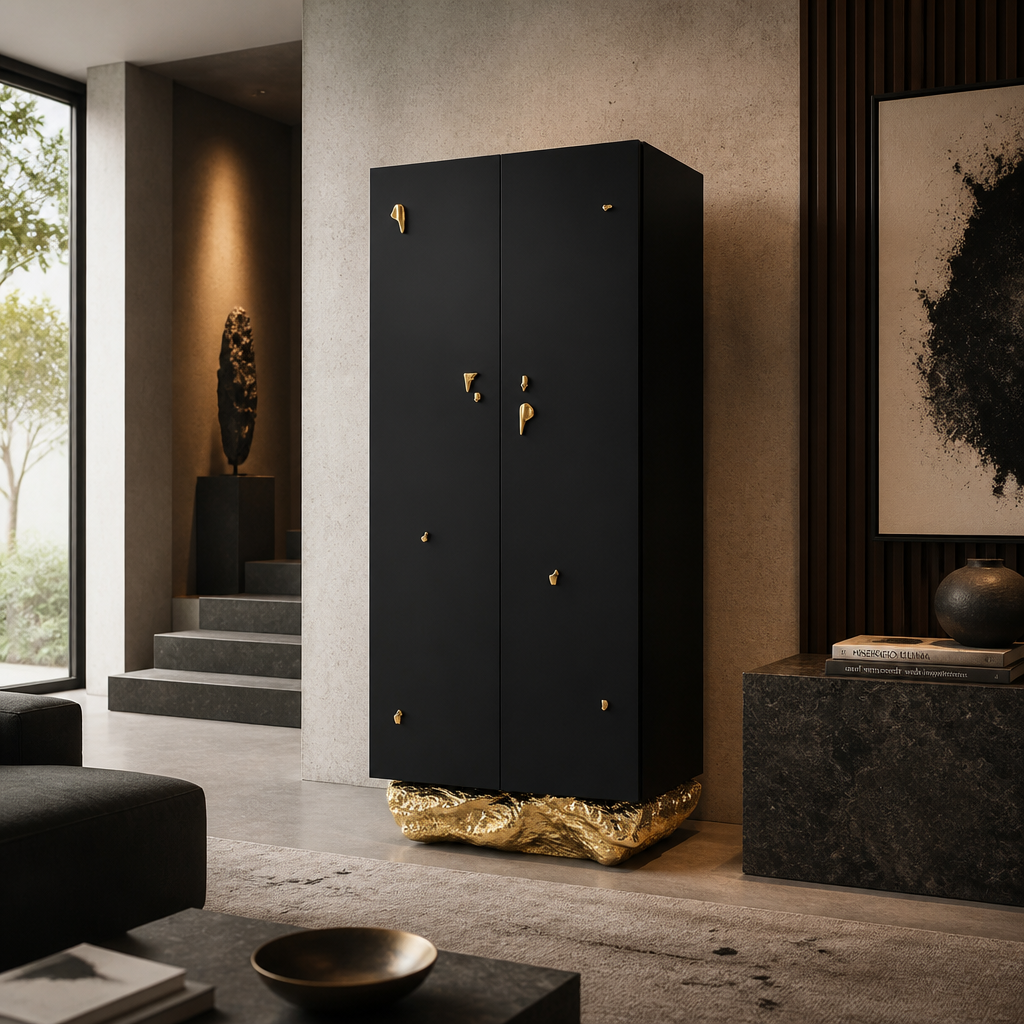 Luxury Italian Brass Glass Wine Cabinet with Solid Wood Design